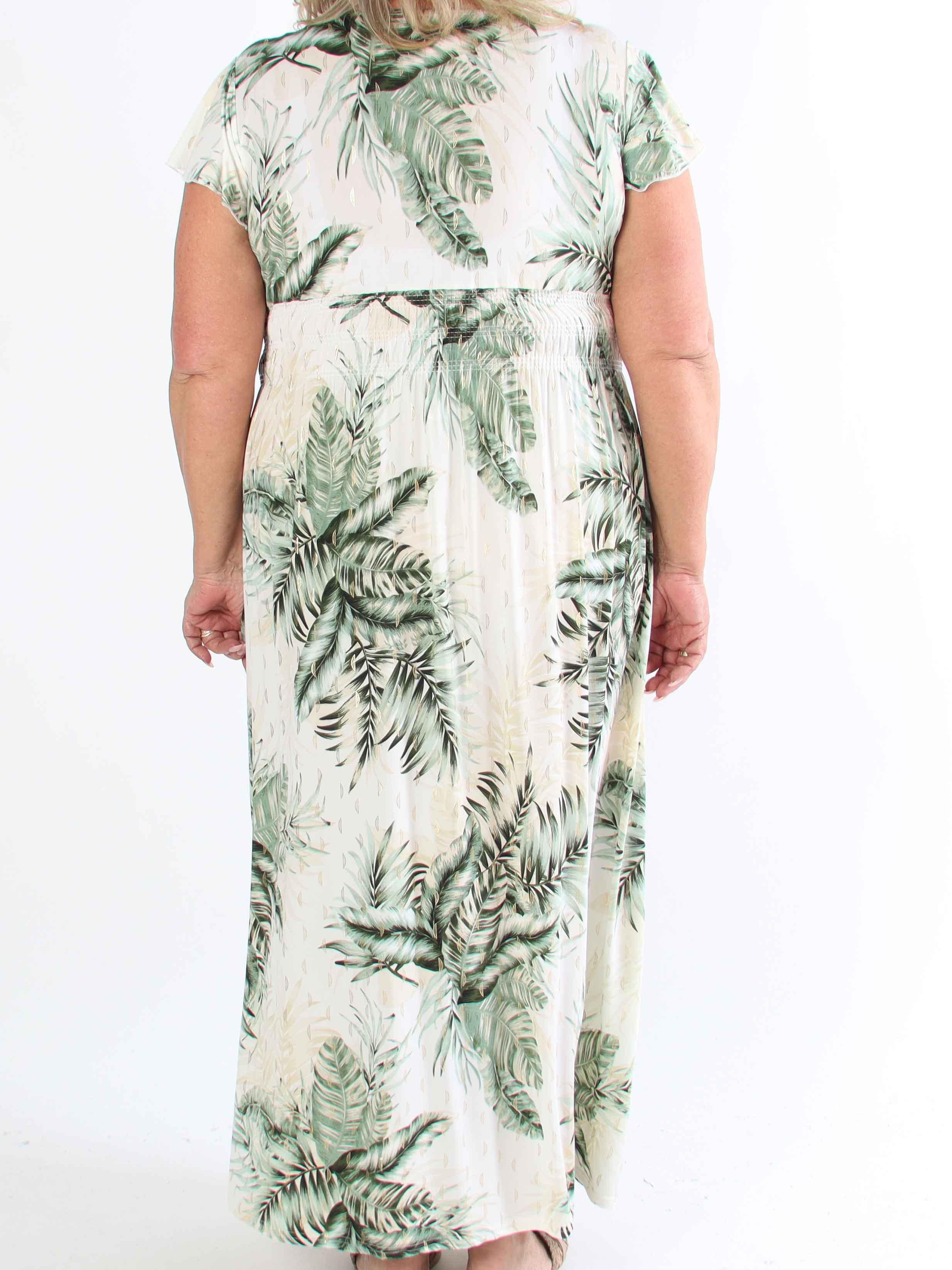 Palma - Plus size elastisk kjole med blade og flæseærmer